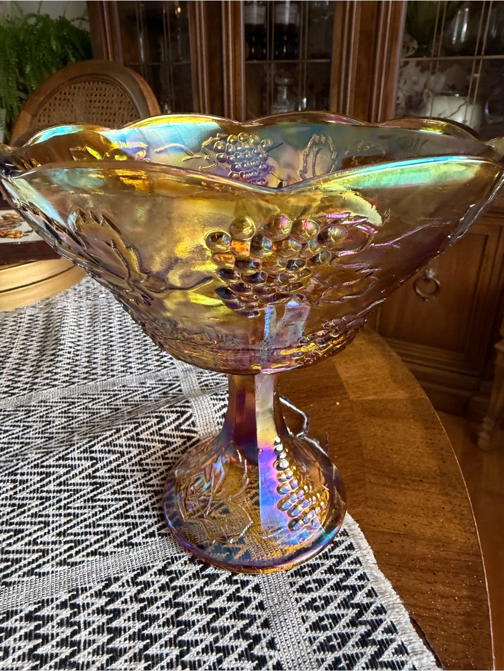Vintage Iridescent Carnival Glass Pedestal Bowl - Gold Tones